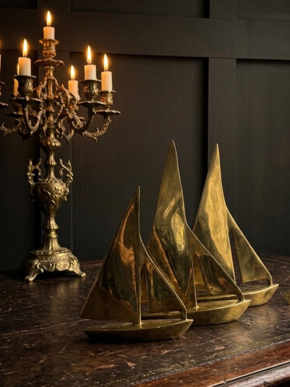 Vintage - Set of 3 Solid Brass Sailboats - Height of Each: 10”/ 9.5“/ 7”tall - Picture 1 of 15